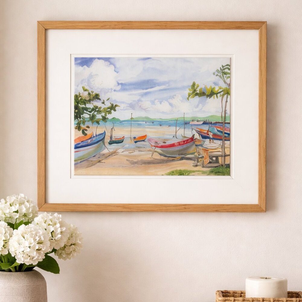 Martinique Marina Print Watercolour Waterfront Boats Port Resort Coastal Islands